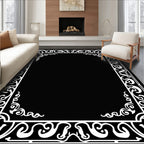 Ornate White Scrollwork Border Design Rug
