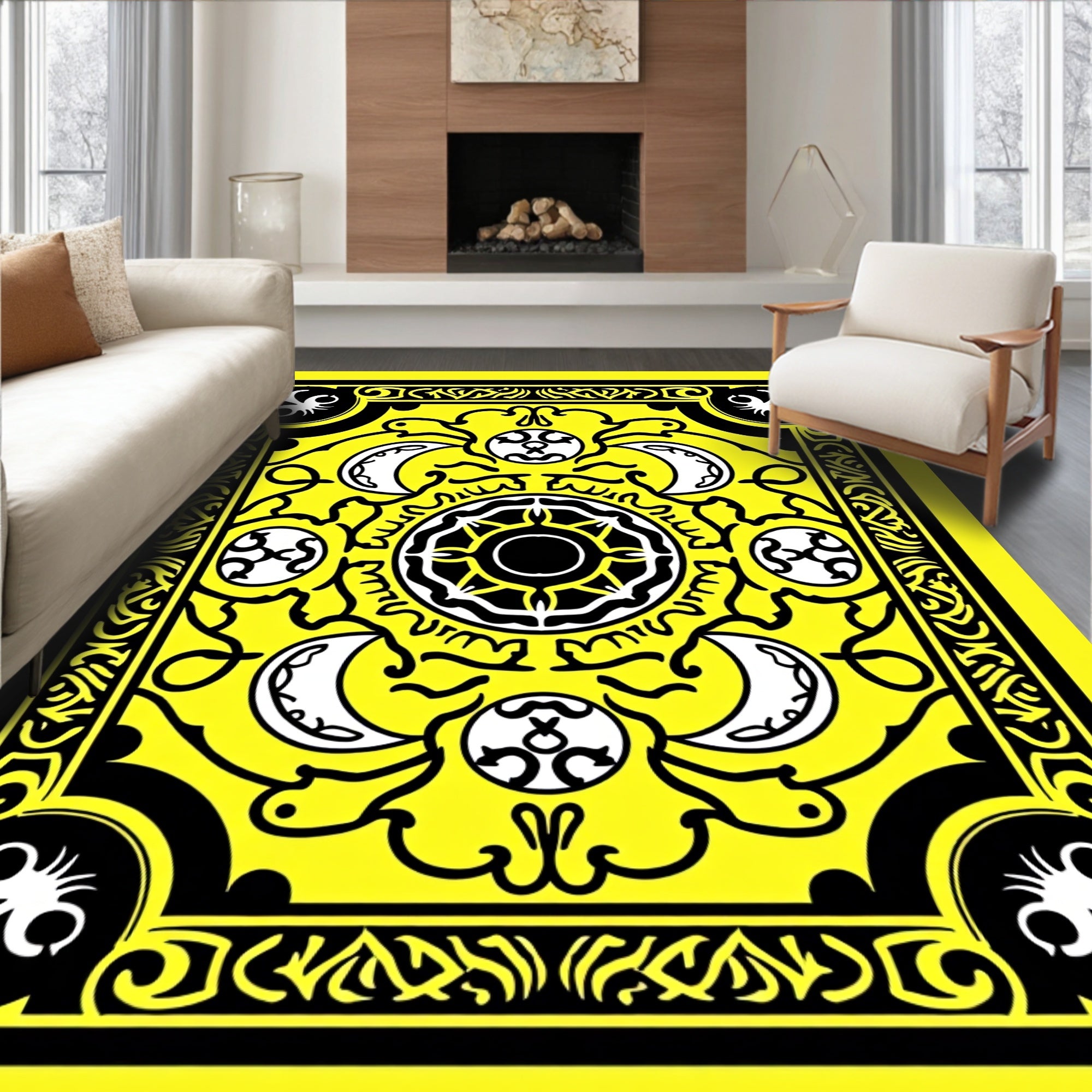 Bold Yellow And Black Celestial Pattern Rug