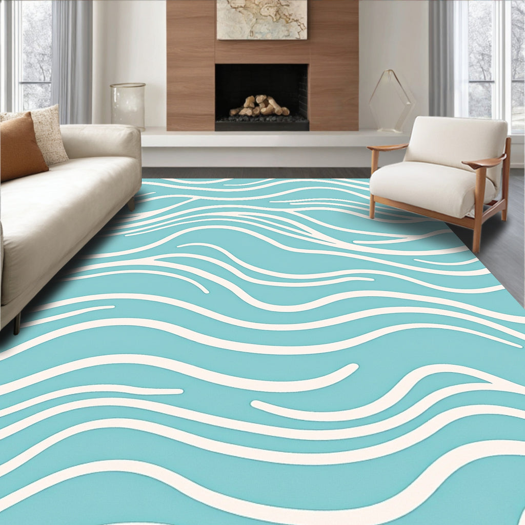 Abstract Aqua Wave Design Rug