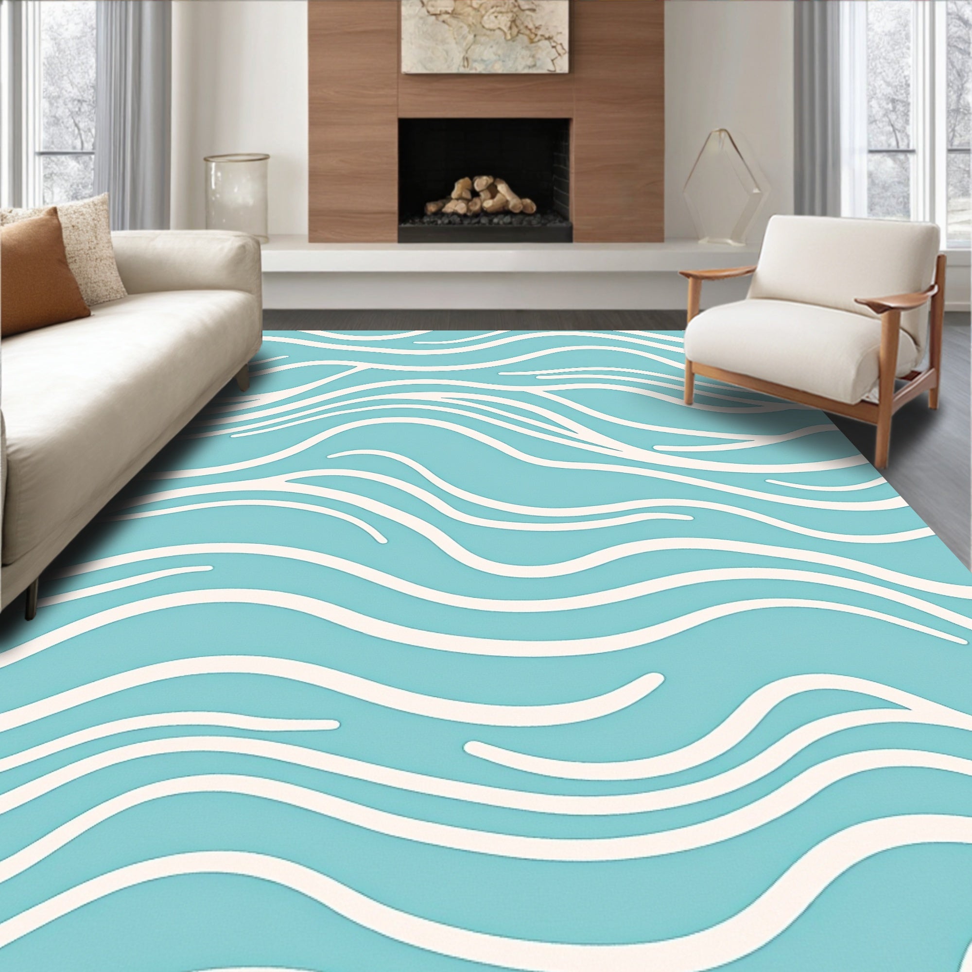 Abstract Aqua Wave Design Rug