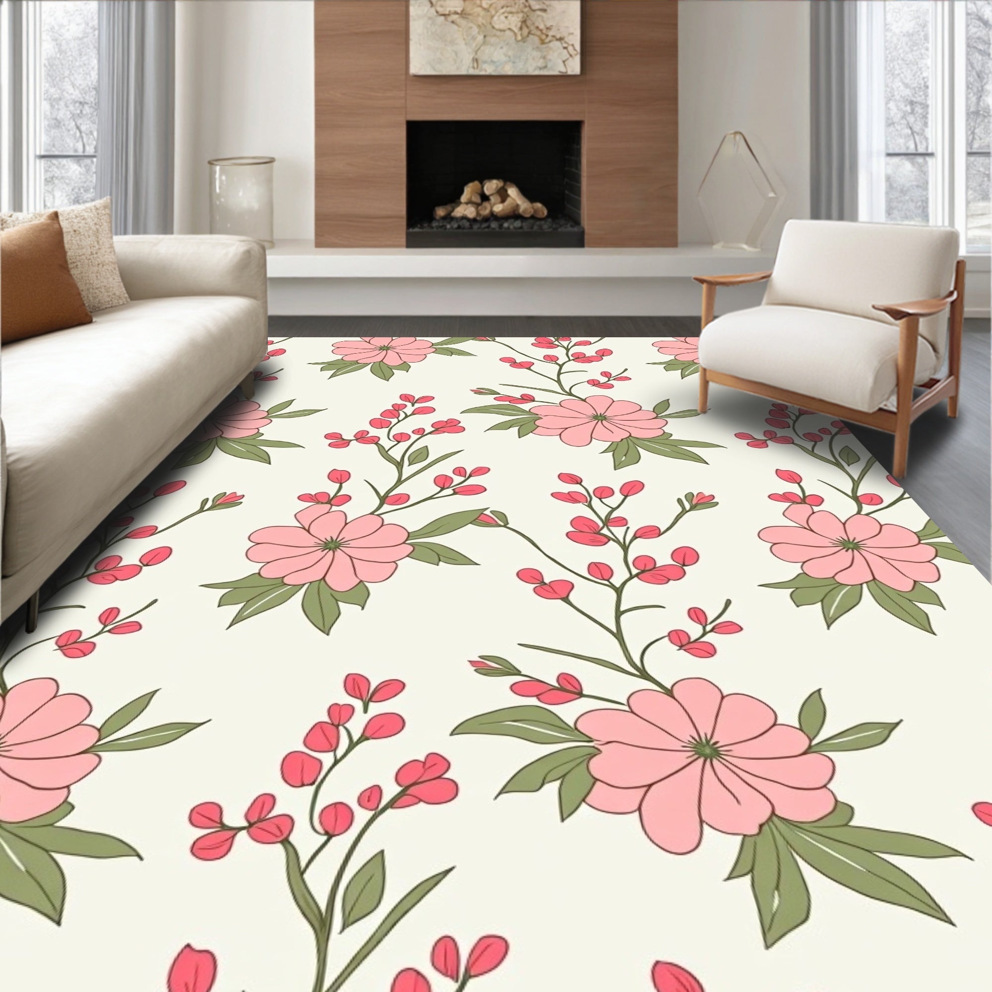 Pastel Floral Branch Pattern Rug