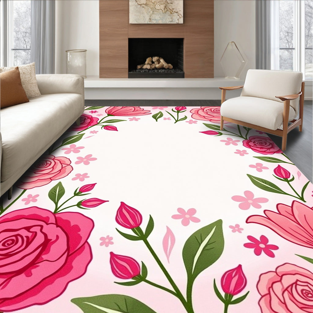 Pink Rose Floral Garden Pattern Rug