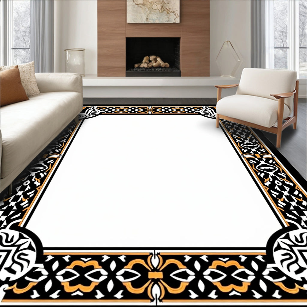 Intricate Black Gold Leaf Pattern Border Rug