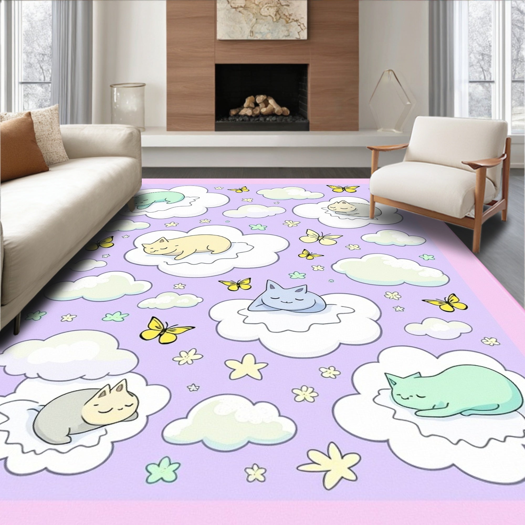 Dreamy Cats Floating on Clouds Design Rug