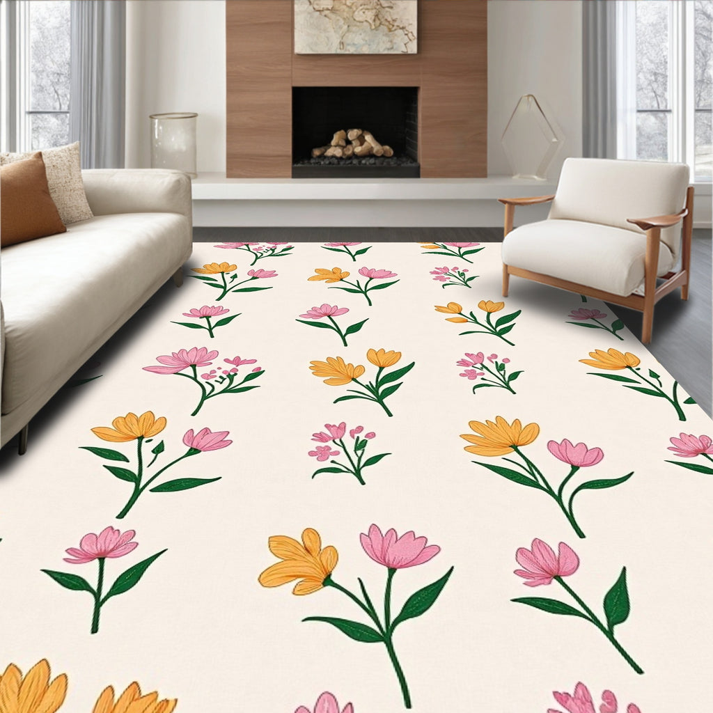 Sweet Floral Pattern with Pink and Yellow Blooms Rug