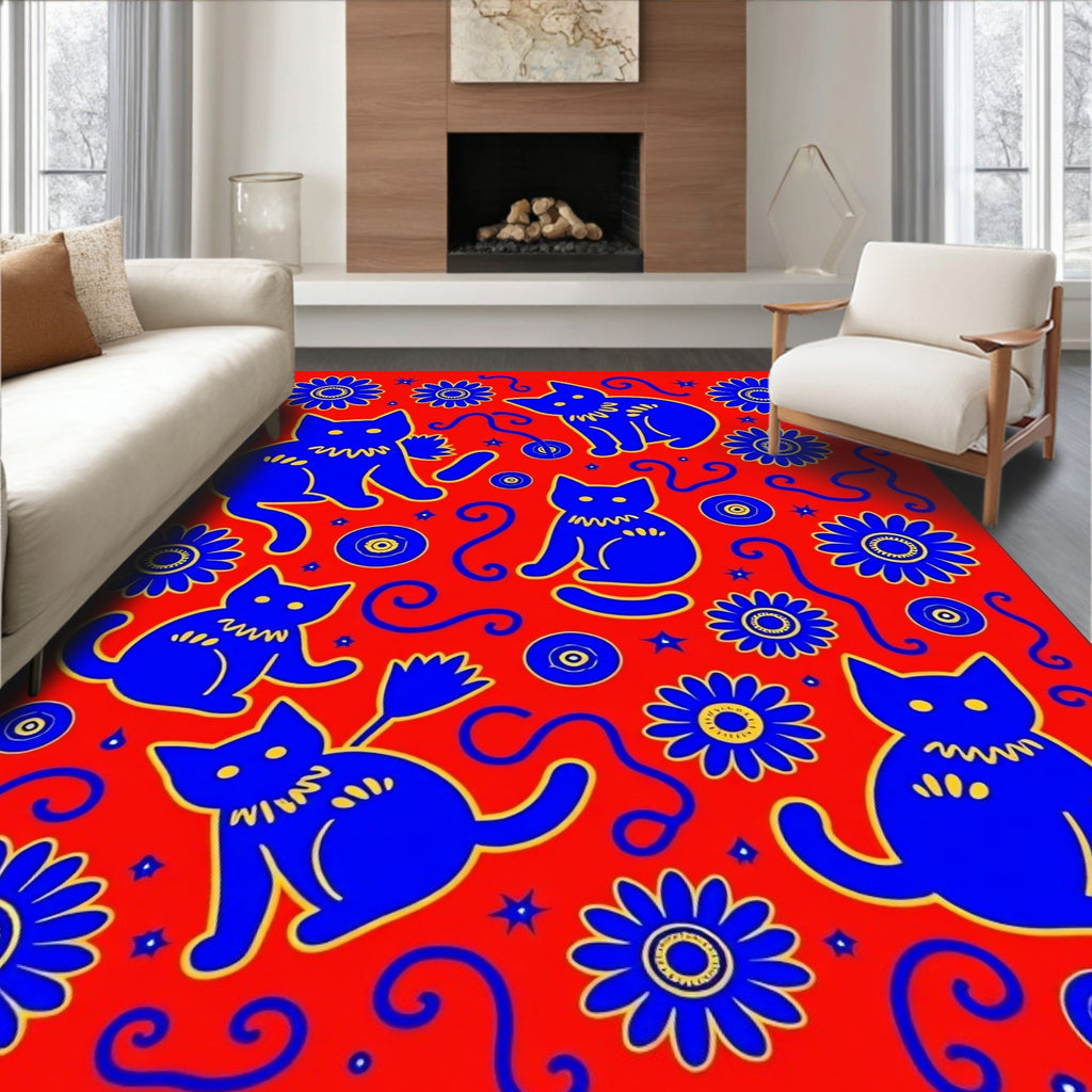 Playful Blue Cat Flower Motif Rug