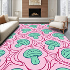 Whimsical Green Mushroom Pink Swirl Rug