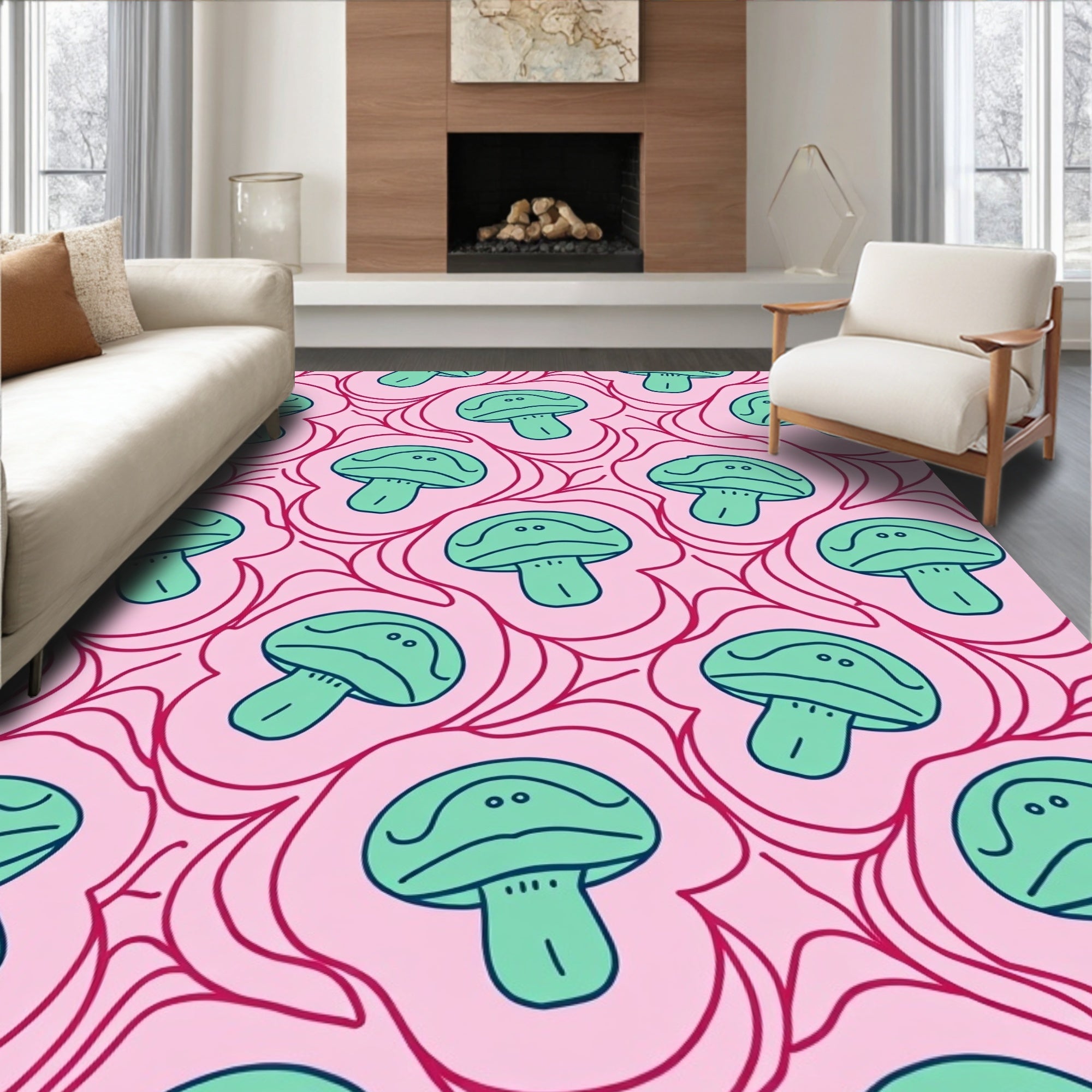Whimsical Green Mushroom Pink Swirl Rug