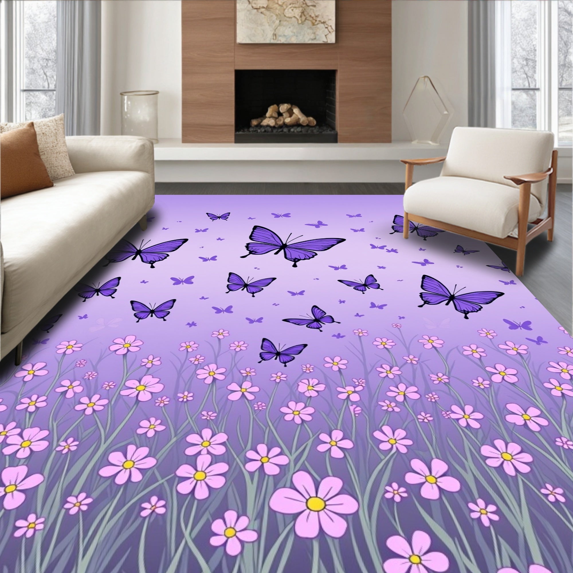 Purple Butterfly Flower Field Pattern Rug