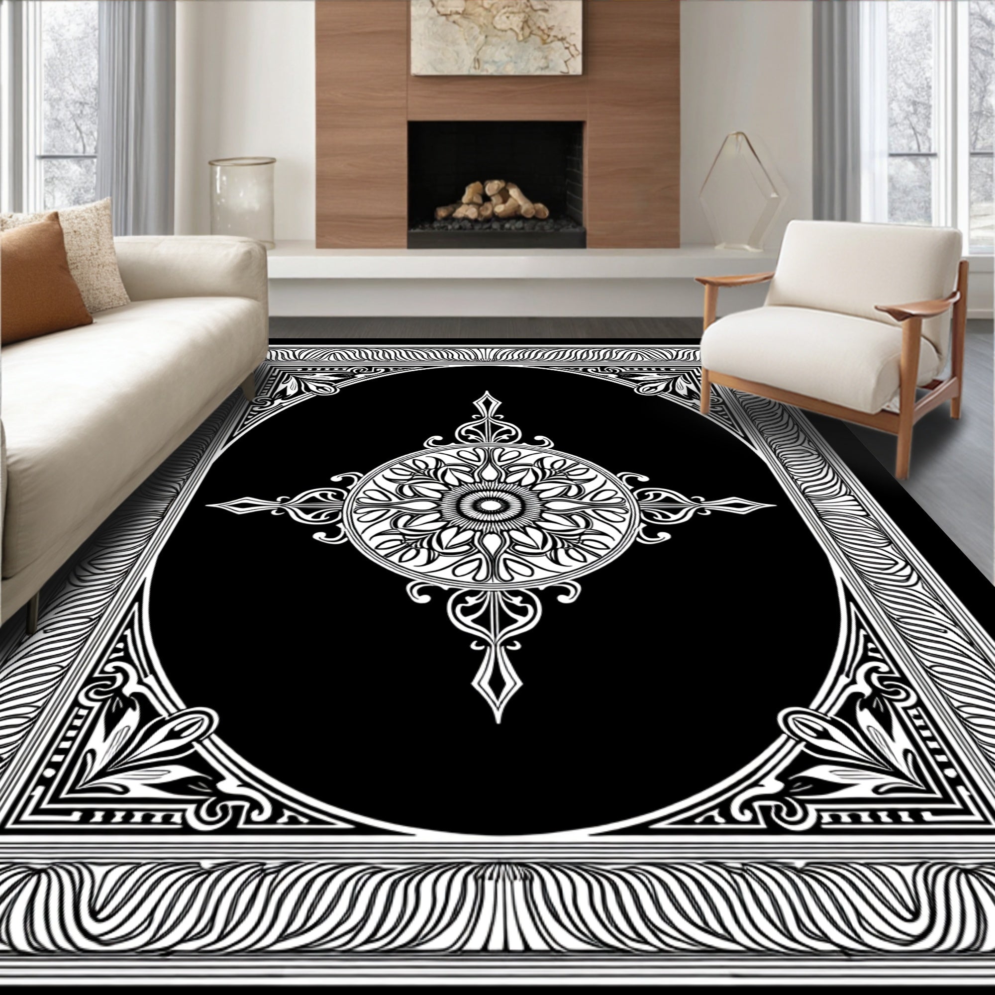 Black and White Ornamental Mandala Rug