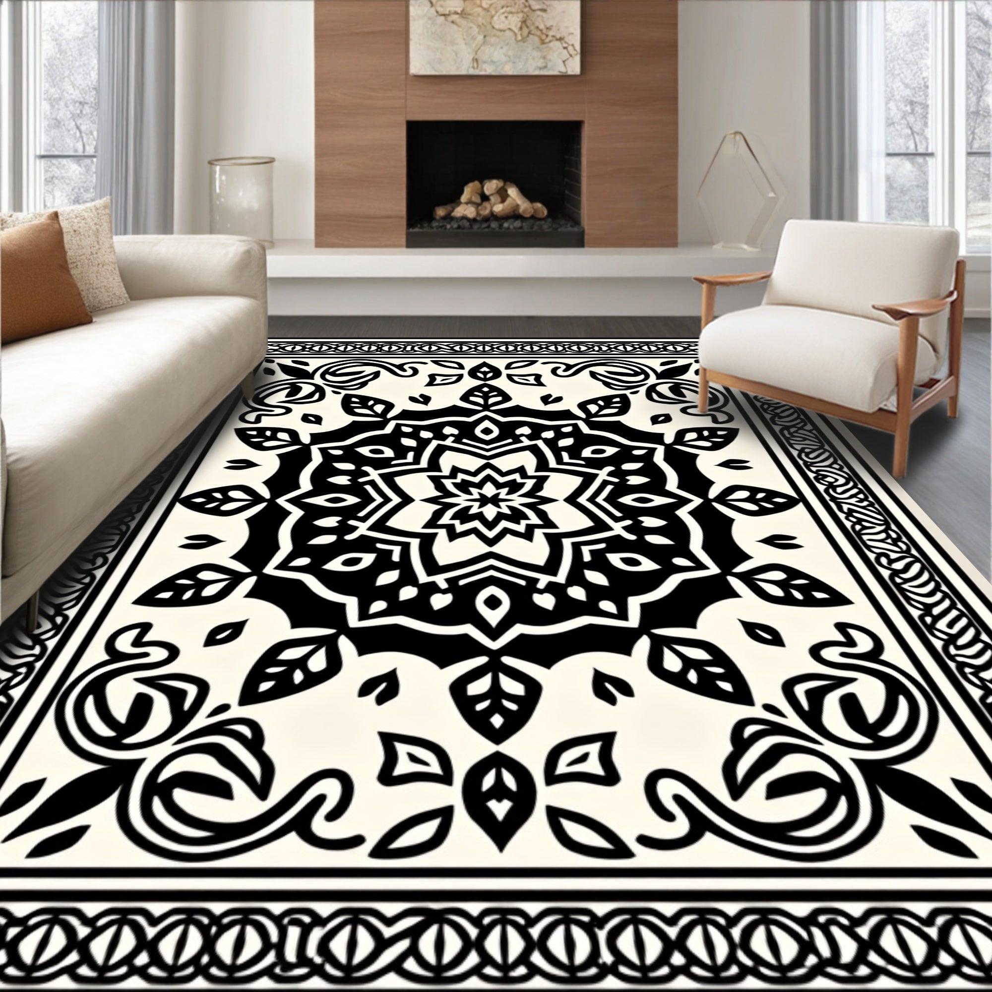 Monochromatic Mandala Floral Pattern Rug
