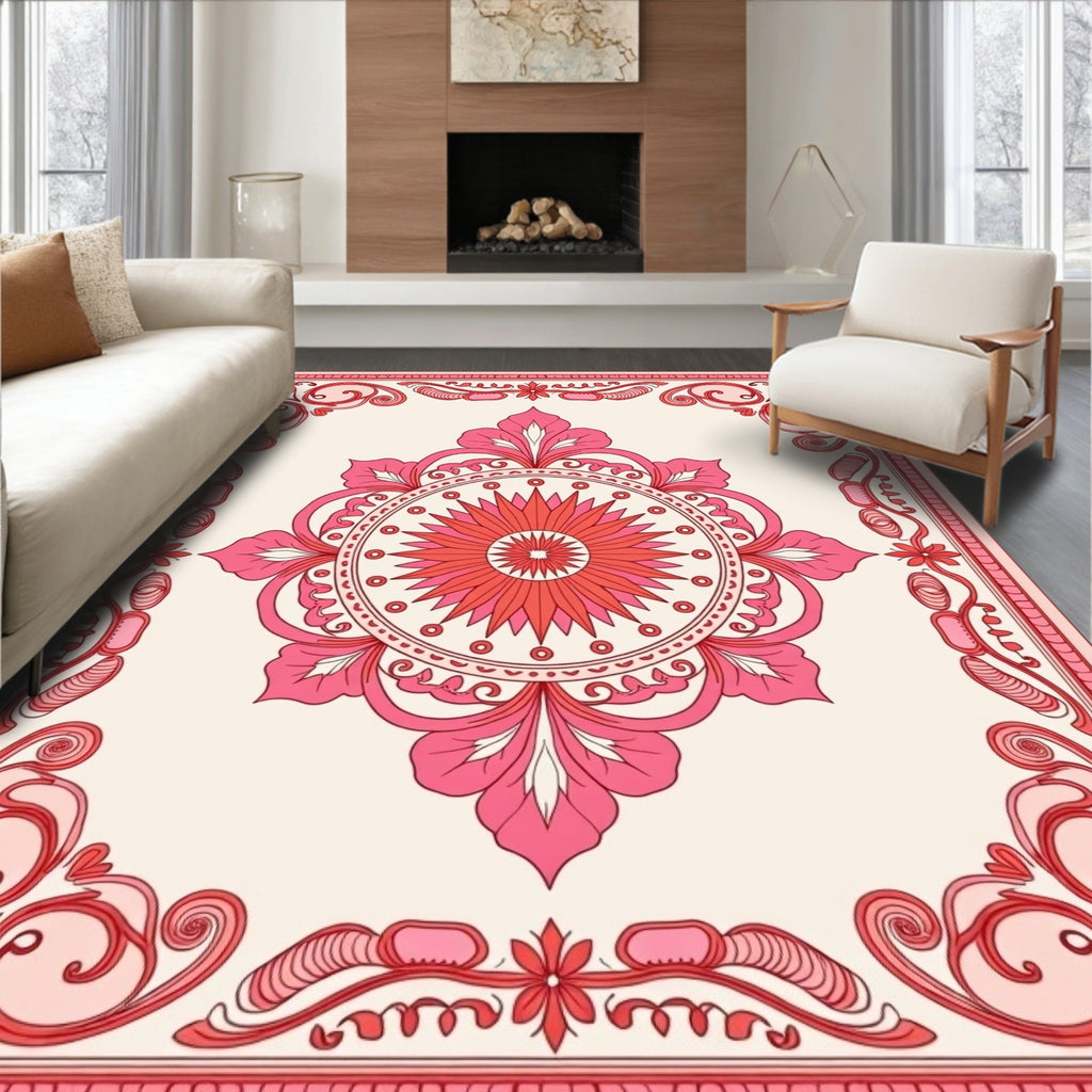 Pink Floral Medallion Border Design Rug