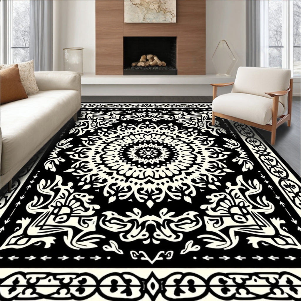 Monochromatic Intricate Mandala Border Design Rug