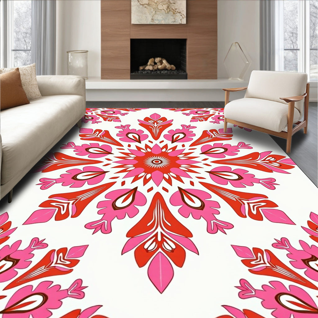 Dynamic Red Pink Floral Medallion Design Rug