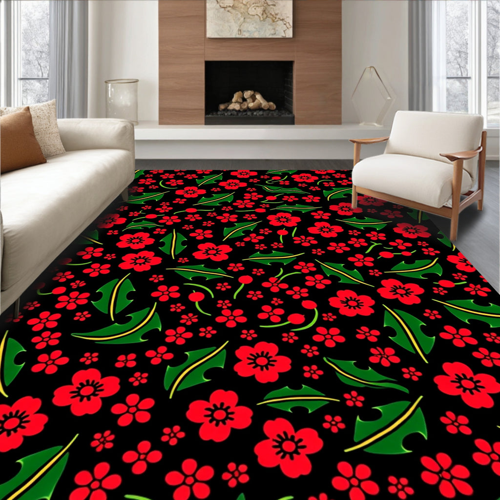 Red Floral Leaf Pattern Rug