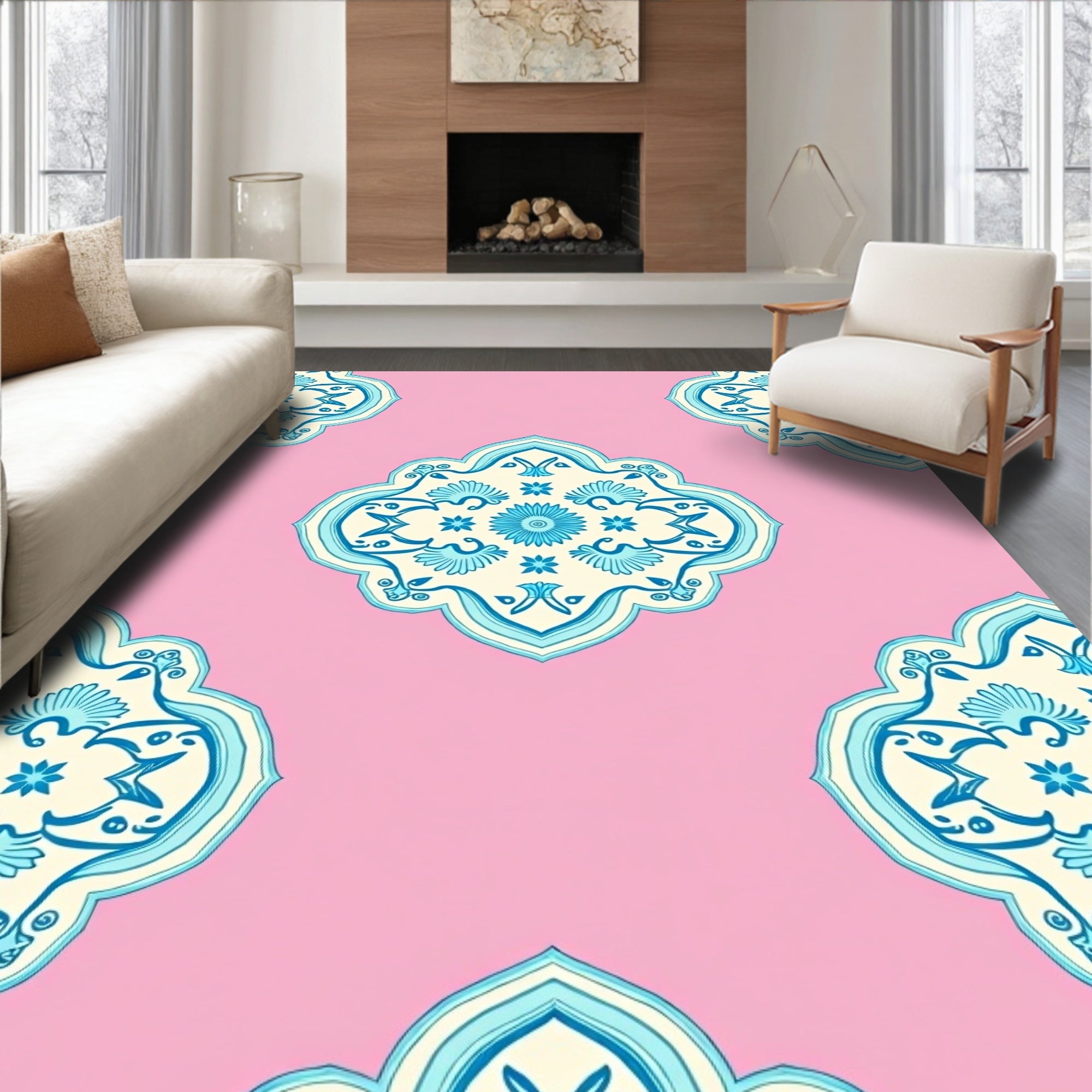 Pink Turquoise Floral Medallion Rug