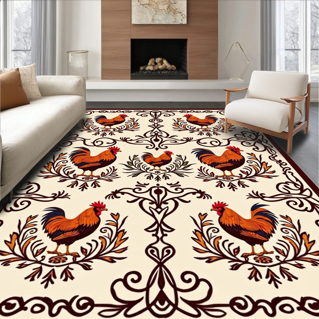 Rustic Rooster Floral Scroll Pattern Rug