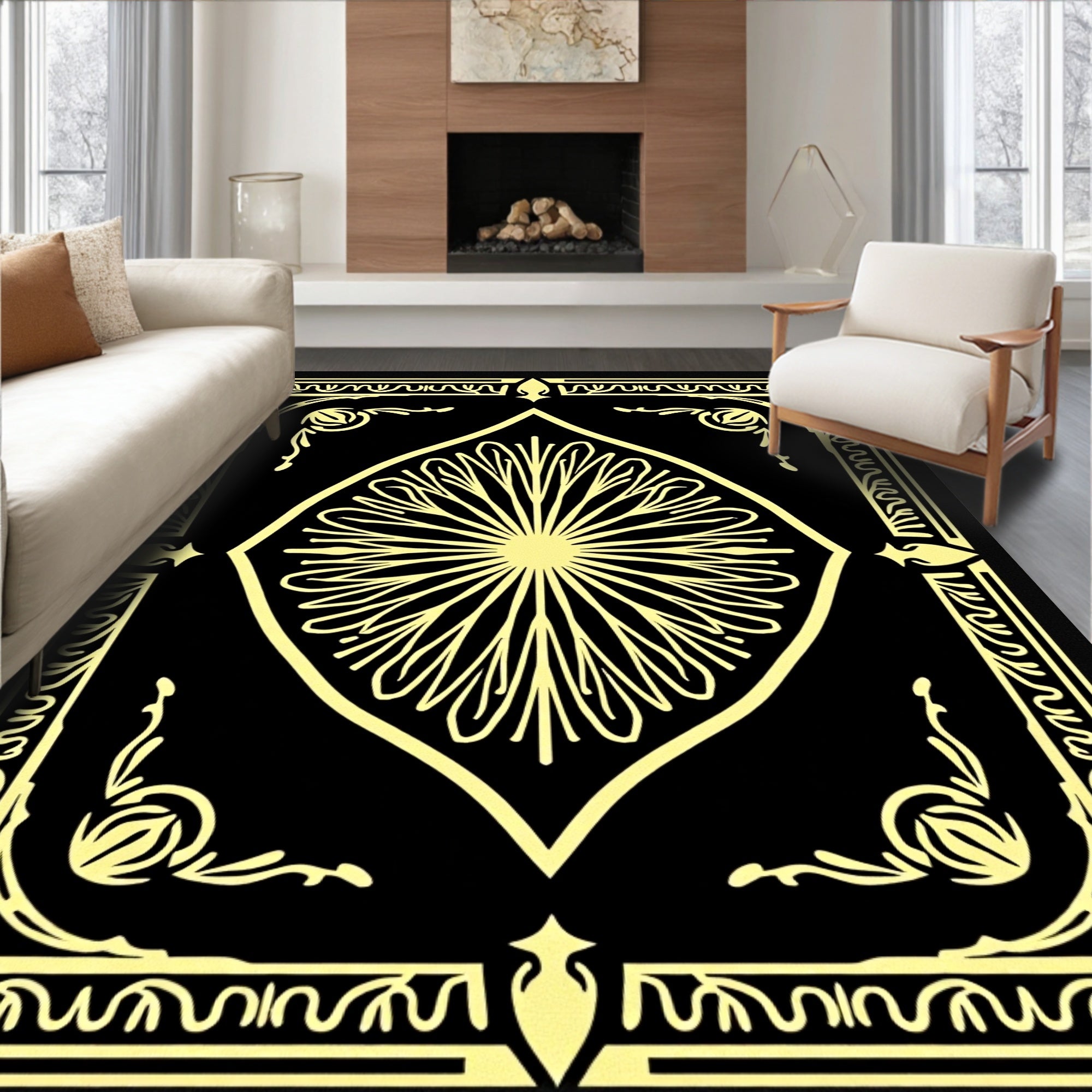 Golden Floral Medallion Frame Design Rug