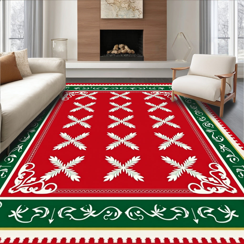 Crimson Bordered Leaf Pattern Rug