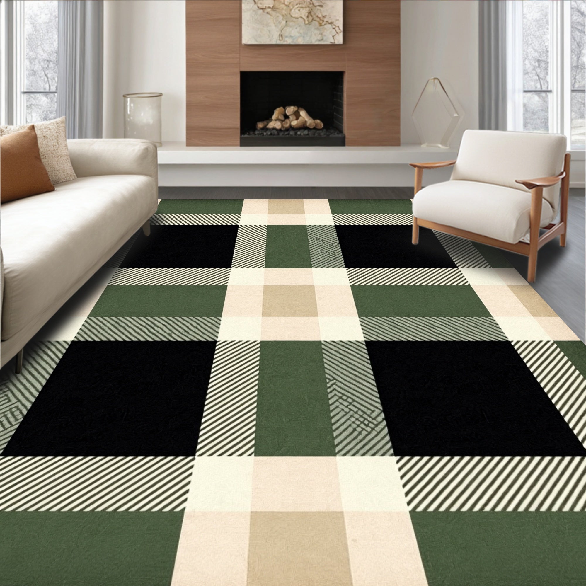Green Black Plaid Tartan Style Rug