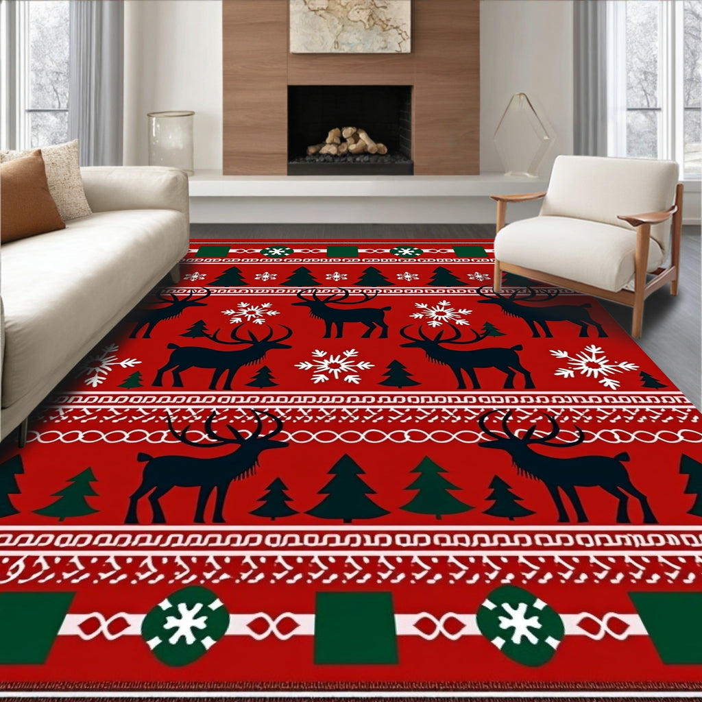 Christmas Reindeer Snowflakes Trees Pattern Rug