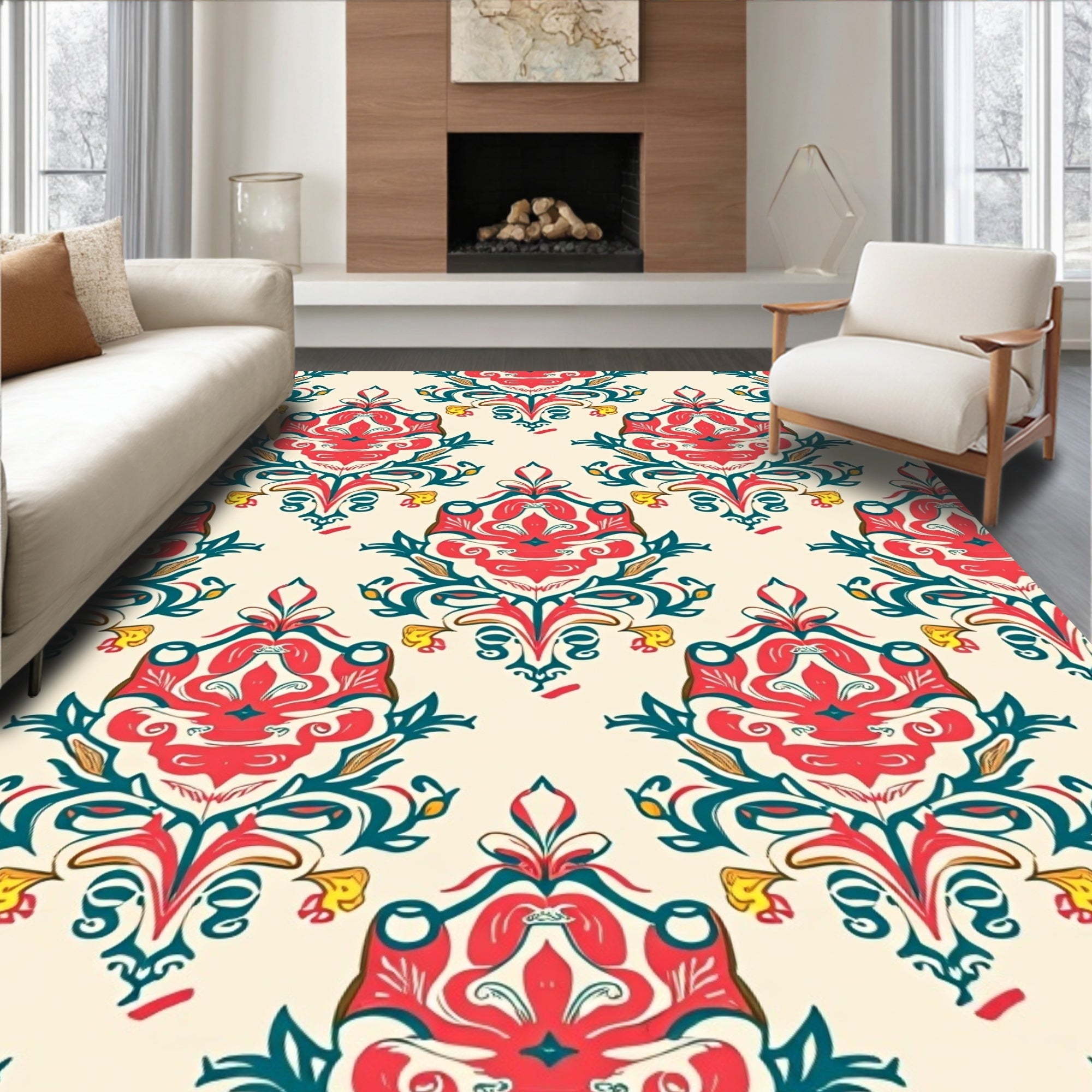Ornate Coral Teal Floral Pattern Rug