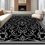Black White Floral Scroll Design Rug