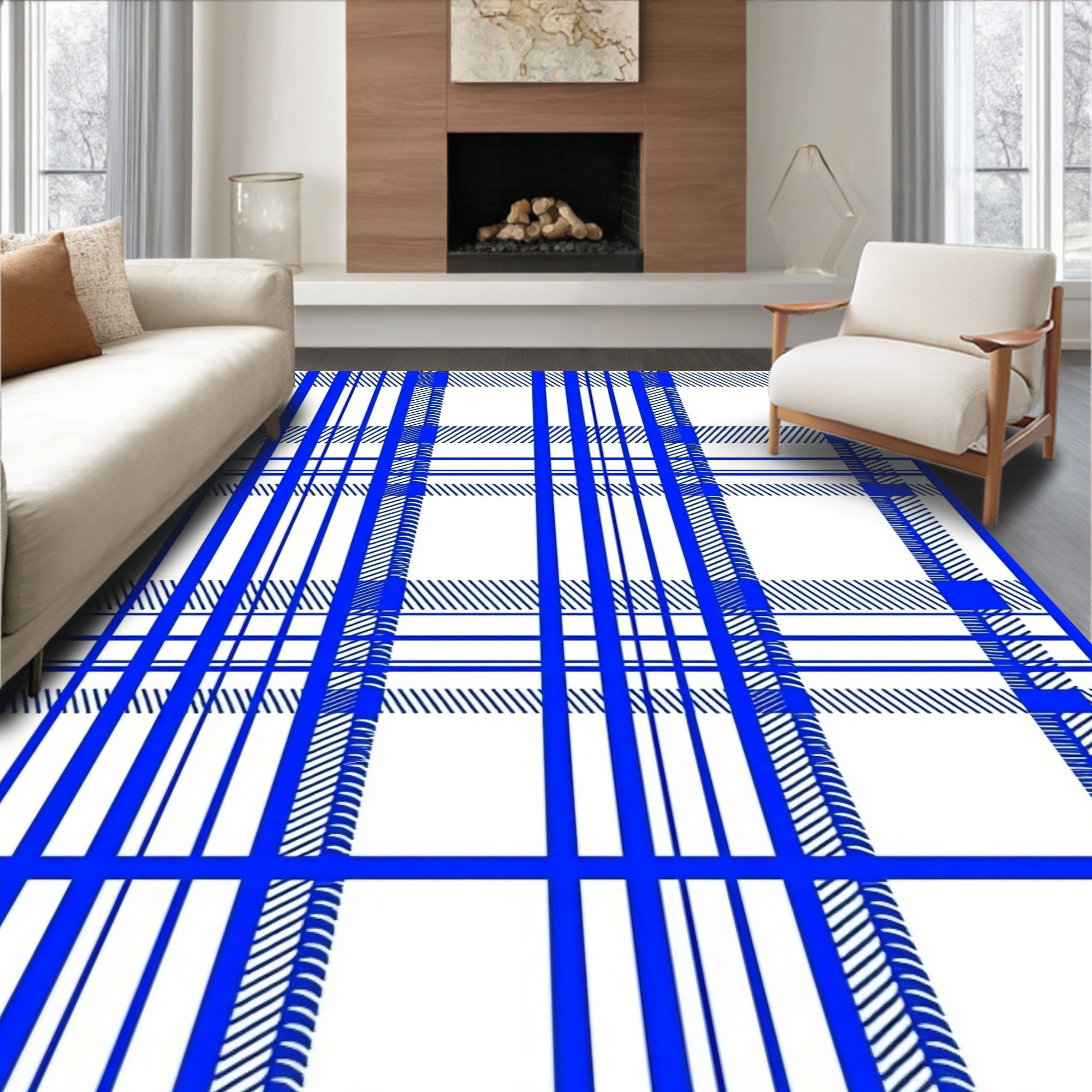 Blue White Classic Plaid Design Rug