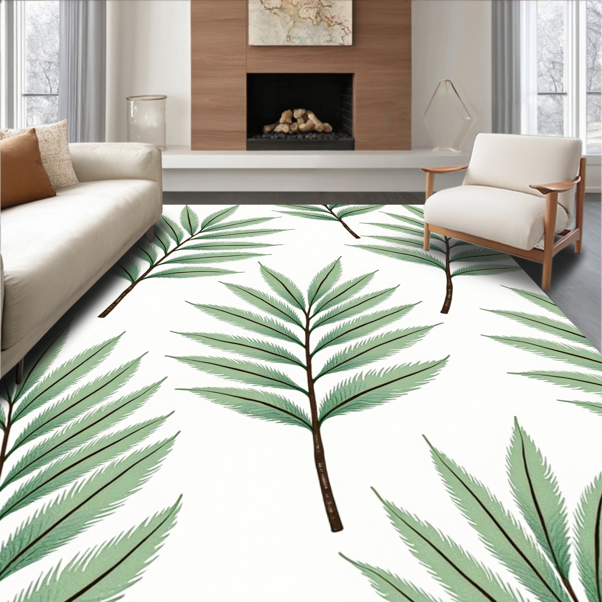 Green Fern Leaf Patterned Rug