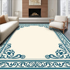 Ornate Teal Floral Border Design Rug
