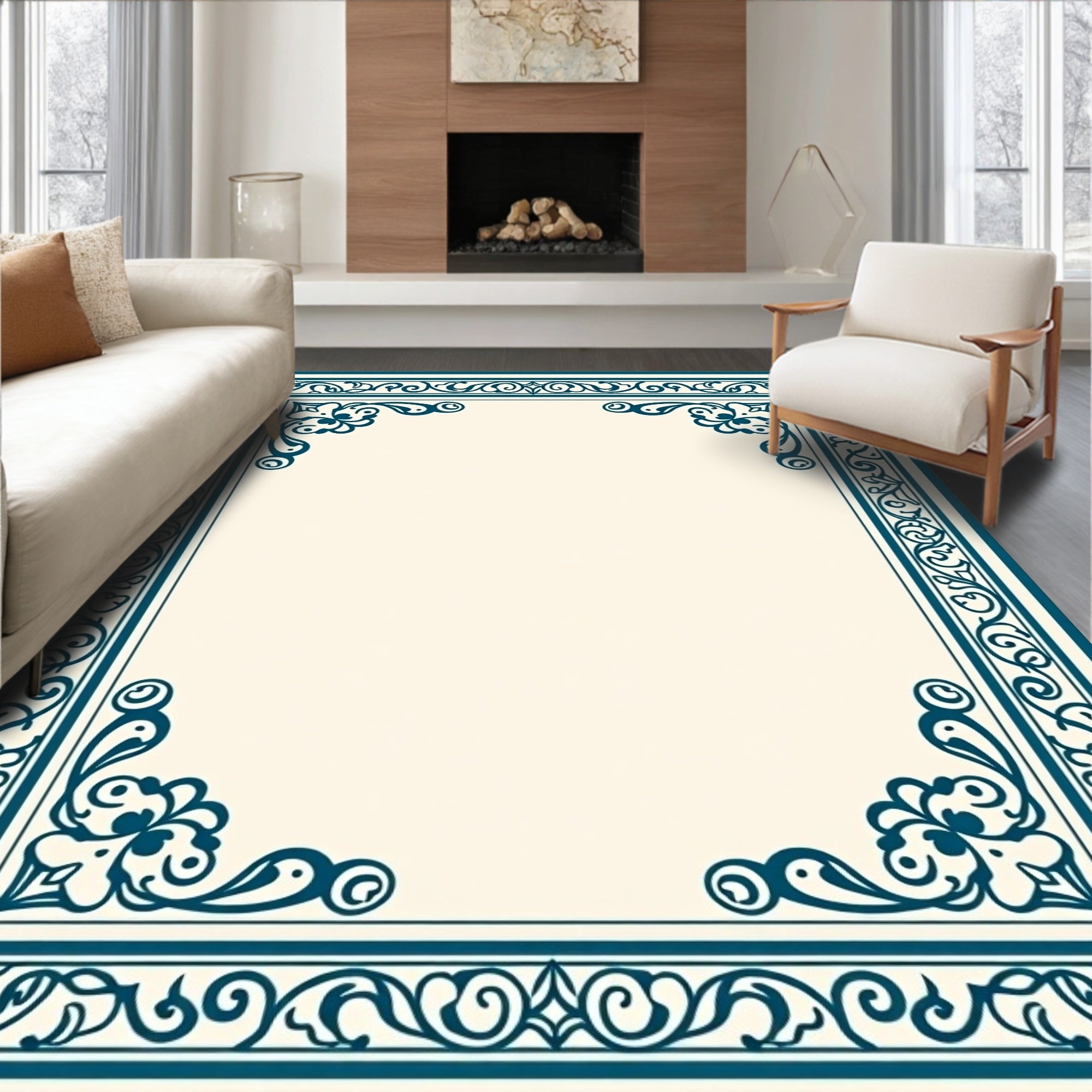 Ornate Teal Floral Border Design Rug