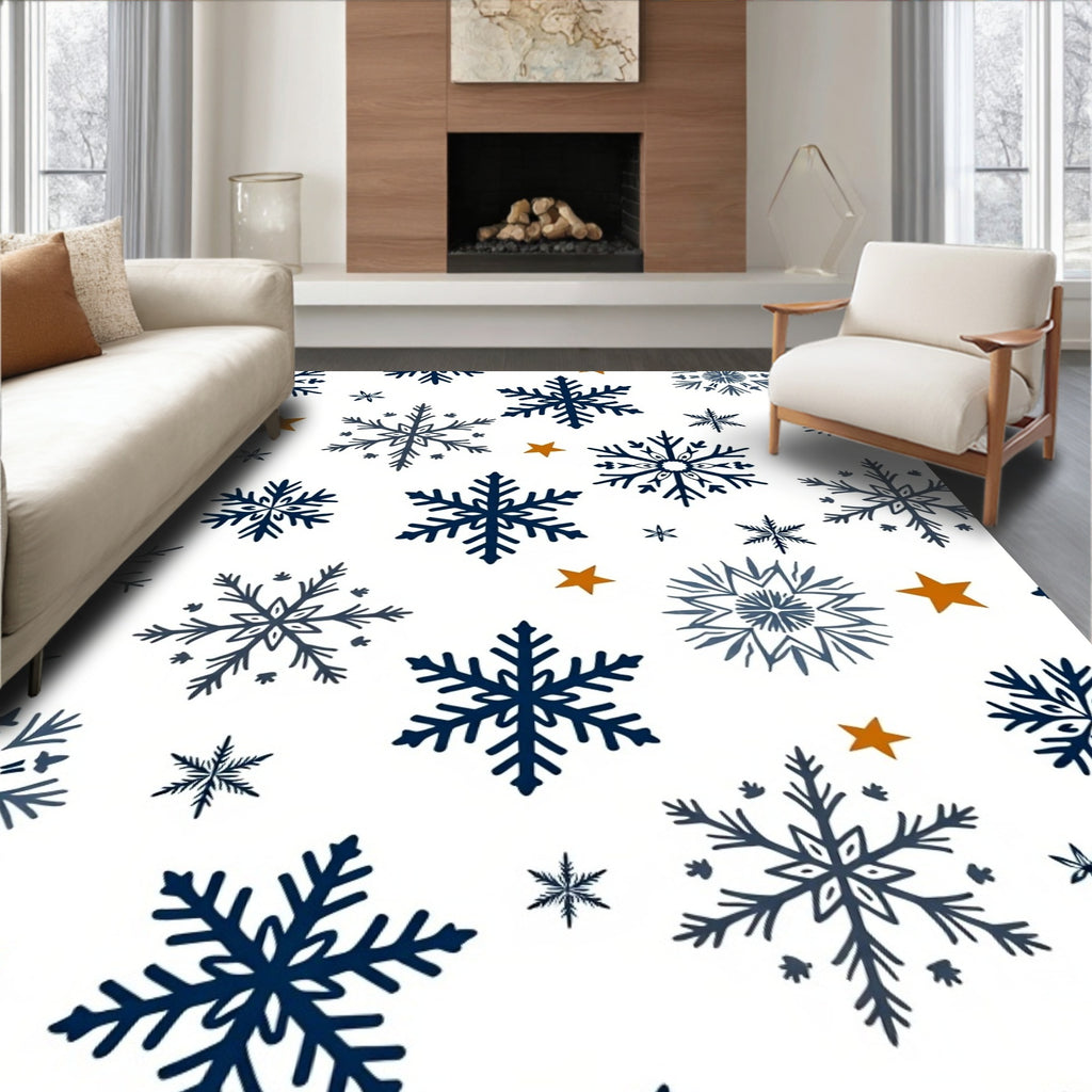 Navy Blue Snowflakes Golden Stars Rug