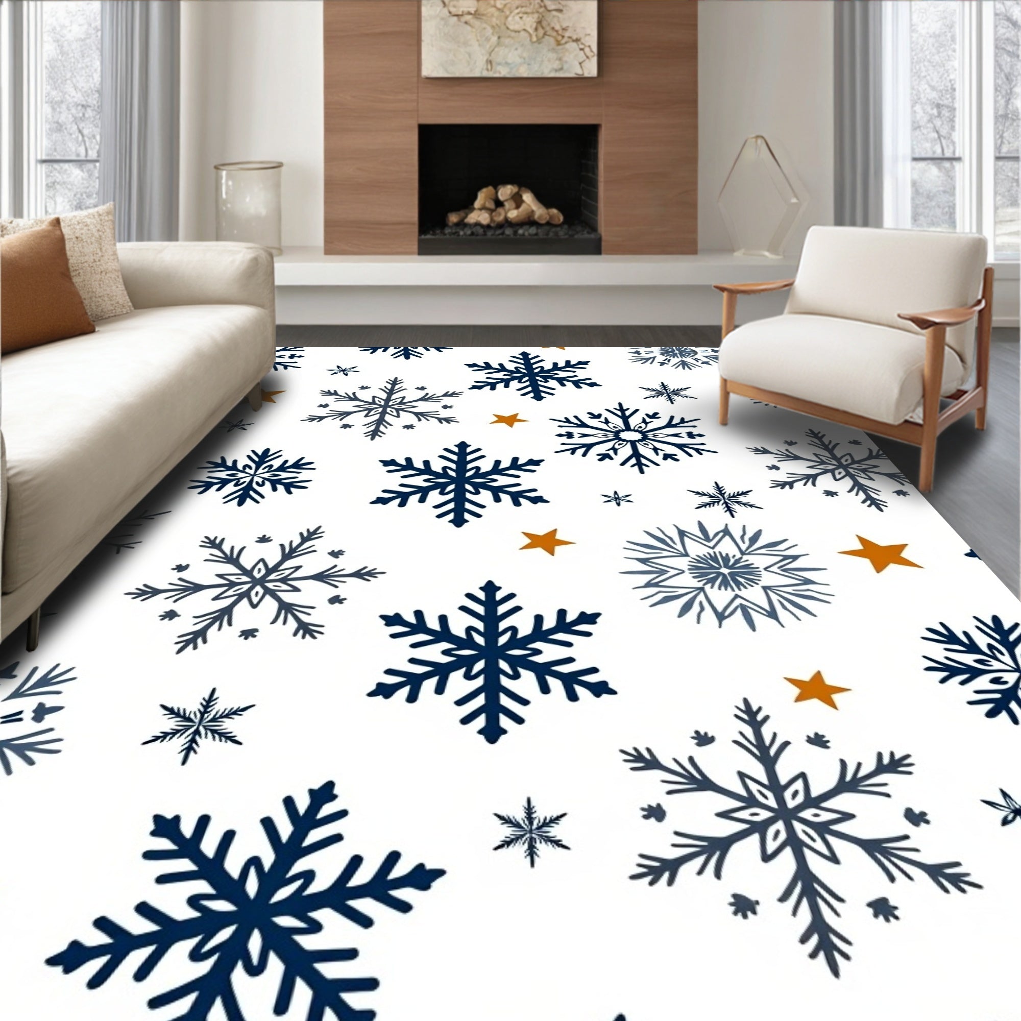 Navy Blue Snowflakes Golden Stars Rug