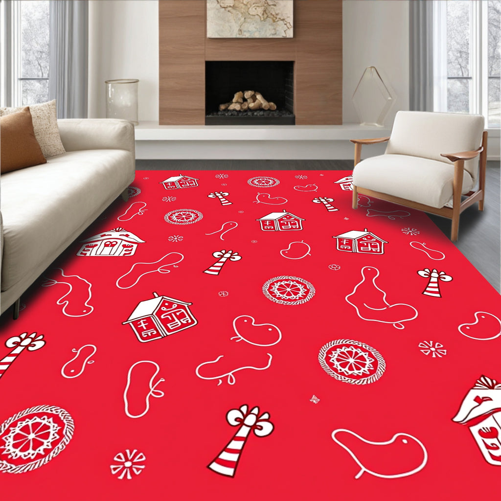 Red Folk Motif Houses Snowflakes Rug