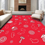 Red Folk Motif Houses Snowflakes Rug